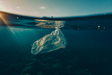 Plastic bag under the sea. AI generated, human enhanced.