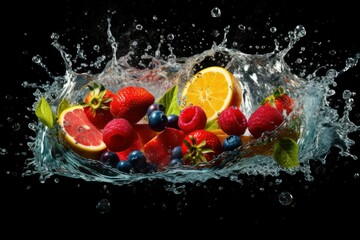 Fruits in splashes of water. AI generated, human enhancement