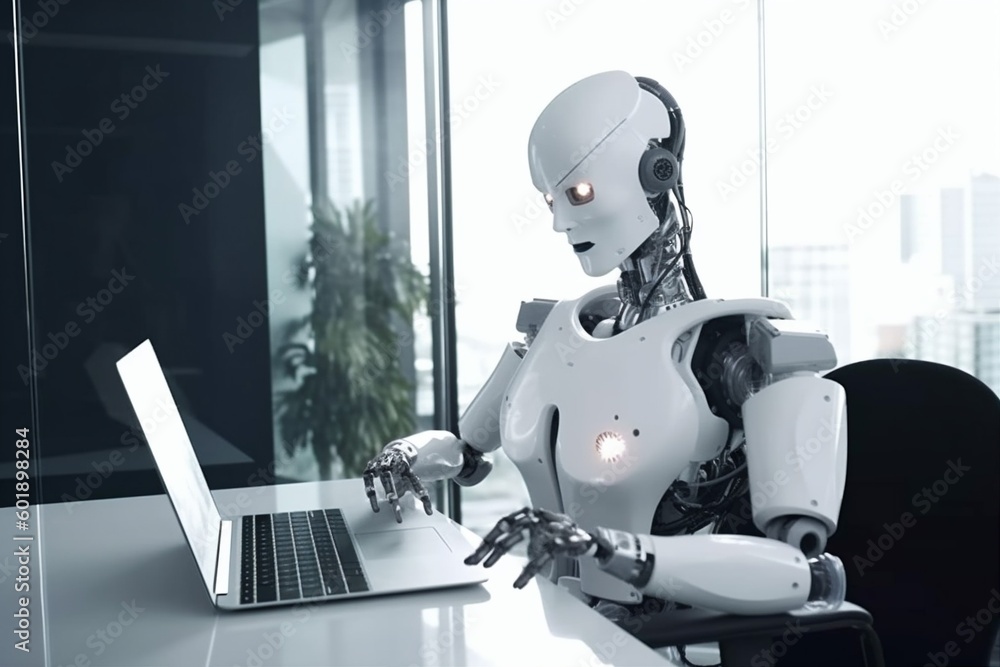 Poster artificial digital office document laptop ai technology paper hand robot. generative ai.