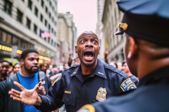 Swearing with police at street protests. AI generated, human enhanced