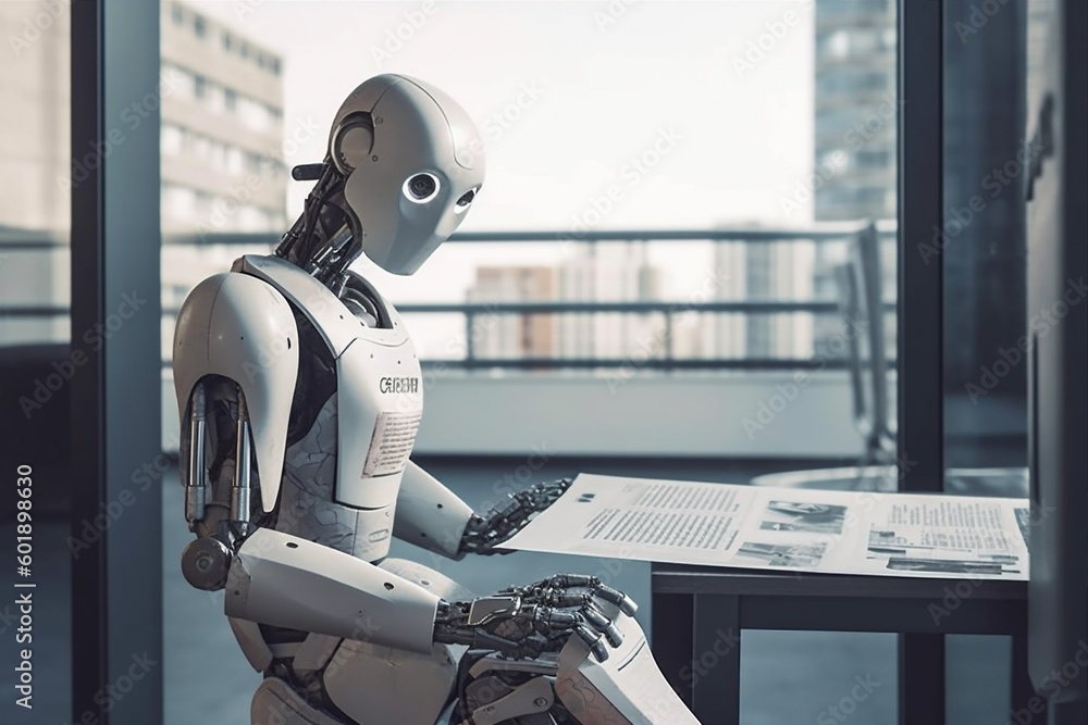 Poster artificial document hand office ai digital paper robot laptop technology. generative ai.