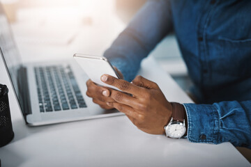 Closeup, business and man with a cellphone, hands and social media with connection, office and chatting. Male consultant, entrepreneur and employee with a smartphone, texting and communication