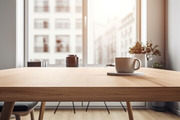Fototapeta na wymiar wooden table empty with a hazy image of a Scandinavian living room. Generative AI