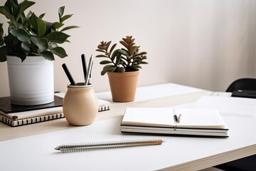 White wood desk background with a notebook, pen, and potted plant. Beauty bloggers' workstation with copy space. Generative AI