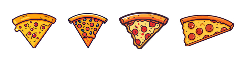 Pizzeria logotypes set. Collection of different logo with pizza slices and inscriptions