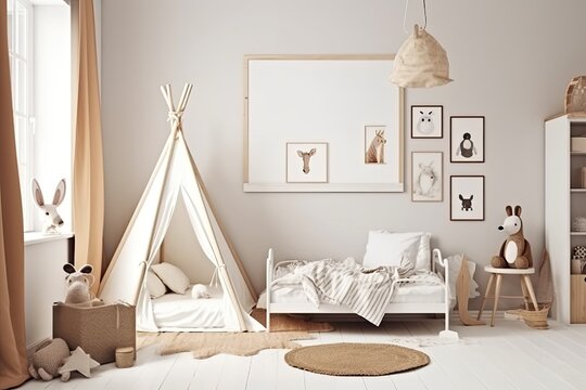 White wall with an empty vertical picture frame in a contemporary kids' room. Boho inspired, Scandinavian interior design mockup. Copy space that is free for your image. bed and toys Generative AI