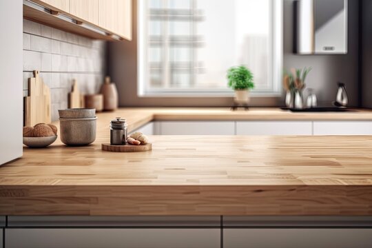 Wood table top with a background of a kitchen room in blur. Mockup counter for product montage or important visual layout design. Generative AI