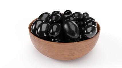 Juicy Olives in a Modern Wooden Bowl - Perfect 3D Render for Creative Food Styling and Presentation Designs - isolated on white background