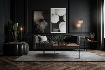 Minimalistic living space design with a dark color scheme complemented by a poster frame, coffee table, sideboard, rug, and personal accessories. Generative AI