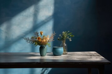 with a blue background and a stone table decorated with a flower vase. Generative AI