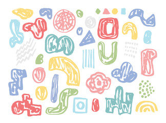 Set of bright hand drawn textured shapes and doodles. Abstract contemporary blue, red and yellow elements for banner design, patterns, flyers, posters