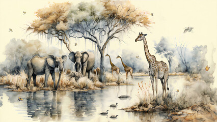 Watercolor painting landscape on an African tropical jungle with trees next to a river with giraffes, elephants and birds, in coordinating colors - AI generative - obrazy, fototapety, plakaty