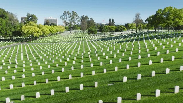 Drone flying above scenic green field with straight rows white grave plates on summer day. National cemetery where buried all members armed forces. Aerial Los Angeles National Cemetery California USA