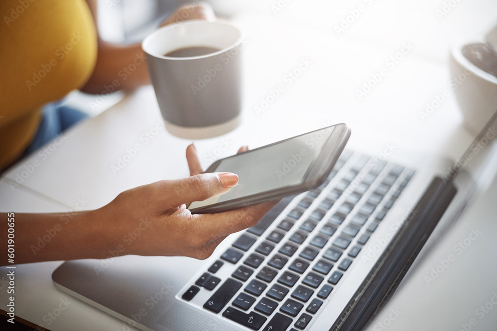 Aufkleber Woman, hands and phone at a laptop for work networking and employee typing. Female worker, table and social network app with mobile communication and text for professional and web connection