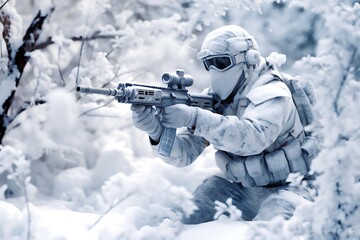 Soldier with assault rifle in the snowy forest, closeup of photo. Generative AI.
