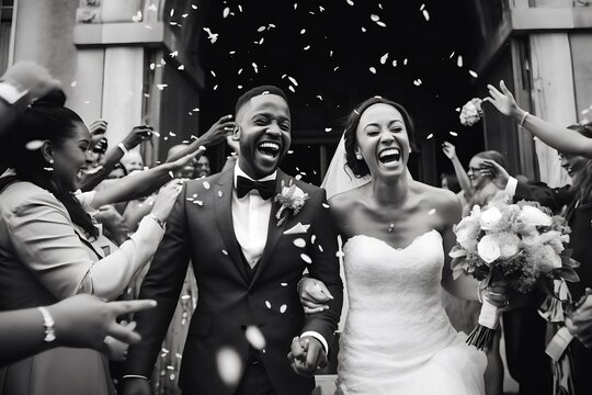 Newlyweds having fun at their wedding. Black and white photo. Generative AI.