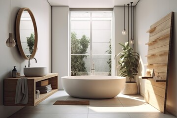 white walled bathroom with a small window. Above a sink, there is a round mirror and a white bathtub. a mockup Toned picture. Generative AI