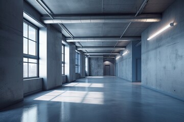 With a concrete floor, loft windows, and a line of ceiling lights, a blue empty office corridor is presented. Business, financial, and interior design concepts. a mockup. Generative AI