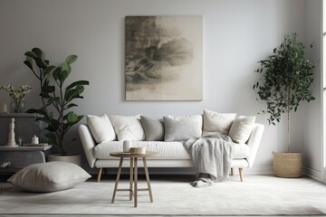With a contemporary sofa, cushion, blanket, large vase, and attractive personal accessories in fashionable home décor. white sofa in the living room. Generative AI