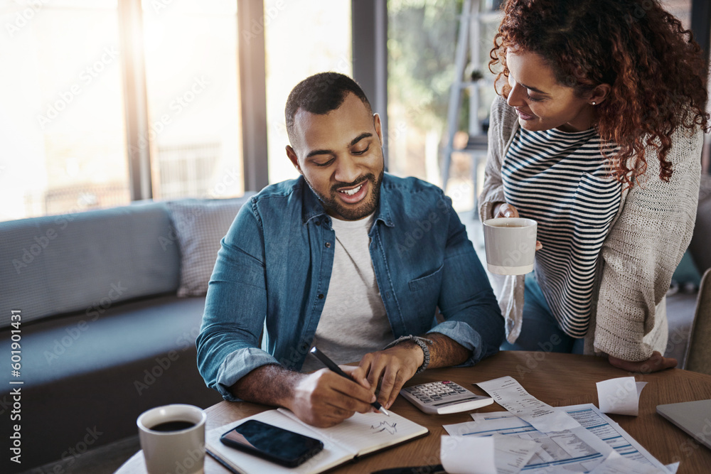 Sticker Couple with list in notebook, budget and finance with financial information of bills and talking about savings and income. Mortgage, insurance and debt, man and woman at table with home bookkeeping