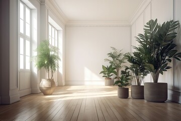 White walls in an empty room with lovely plants lying on their sides on the floor. Generative AI