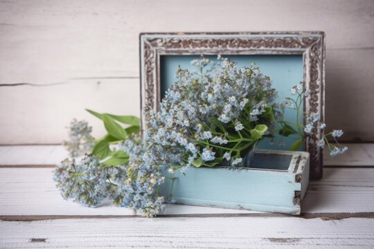 With a photo frame and a bunch of forget me not flowers in a vintage casket on a white wooden rustic board in provence style. Generative AI