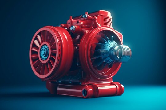 3D rendering of modern turbo and supercharger engine in red, isolated on blue with shadow. Generative AI