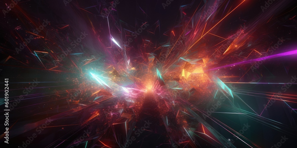 Poster cosmic background with colorful laser lights and broken fractal elements. generative ai aig21.