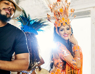 Samba, music and dance with woman at carnival for celebration, party and festival in Rio de...
