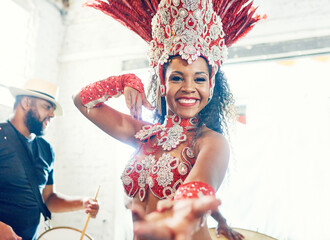 Samba, music and dance with woman at carnival for celebration, party and festival in Rio de Janeiro. Summer break, show and creative with brazil girl for performance, holiday and culture event