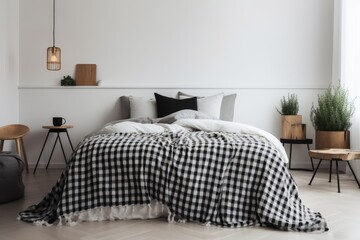 White walls and checkered bedspread in an elegant bedroom. Generative AI