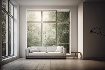 windowed interior of a house. White couch in a dim room. design for an architectural notion. Generative AI