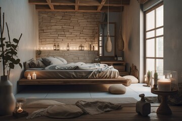 zen atmosphere, overlit loft apartment with bedroom and bathroom with bathtub, basic interior architecture, wooden vintage table top or shelf with candles and stones,. Generative AI