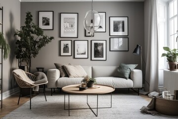 With sufficient space, a corner sofa, a coffee table, textiles, and individual decorations, the living room is stylish and comfortable. Scandinavian traditional fashion. Generative AI