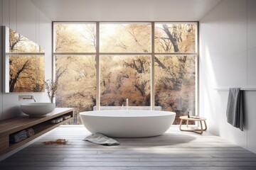 Fototapeta na wymiar zen vibe, super minimalist luxury bathroom with panoramic window, carpet, and bathtub, white architecture interior design, vintage wooden table top or shelf. Generative AI