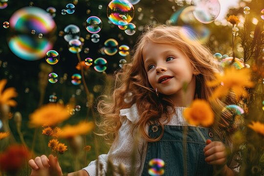In a picturesque garden, a happy child creates a magical atmosphere, surrounded by vibrant colors and floating bubbles