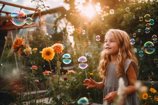 In a whimsical garden setting, a joyful child releases a cascade of bubbles, infusing the air with laughter and a sense of wonder