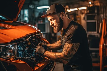 A car mechanic demonstrates their expertise as they tackle the intricacies of repairing a vehicle, providing reliable and efficient service
