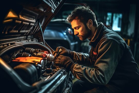 With a focus on customer satisfaction, a skilled car mechanic meticulously fixes a car, offering reliable and trustworthy repair services