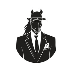 colt wearing suit, vintage logo line art concept black and white color, hand drawn illustration