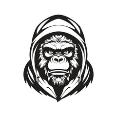 gorilla wearing hoodie, vintage logo line art concept black and white color, hand drawn illustration