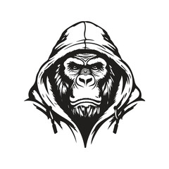 gorilla wearing hoodie, vintage logo line art concept black and white color, hand drawn illustration © Artcuboy