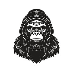 gorilla wearing hoodie, vintage logo line art concept black and white color, hand drawn illustration