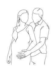 Continuous one line drawing of pregnant woman with husband. Vector illustration.