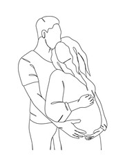 Continuous one line drawing of pregnant woman with husband. Vector illustration.