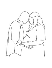 Continuous one line drawing of pregnant woman with husband. Vector illustration.