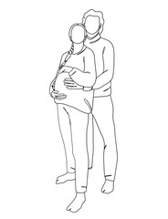 Continuous one line drawing of pregnant woman with husband. Vector illustration.