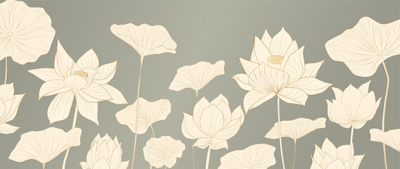 Luxury art background with lotus leaves and flowers with golden elements in art line style. Oriental style botanical banner for decoration, print, textile, wallpaper, interior design, packaging.