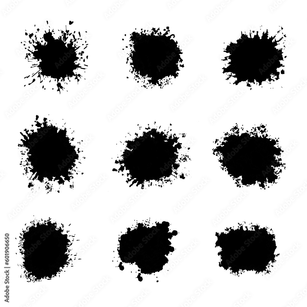 Poster paint ink splatter, stains set. splash of paints with drops. high level of tracing and many details.