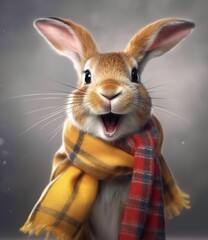 Obraz na płótnie Canvas cute rabbit with scarf in a grey background, portrait created by generative AI technology.